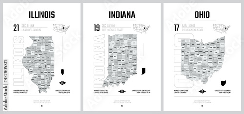 Fotografiet Highly detailed vector silhouettes of US state maps, Division United States into