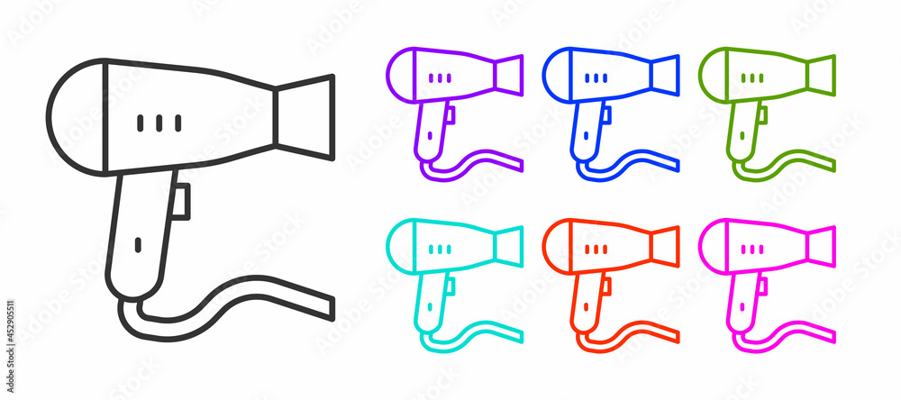 Black line Hair dryer icon isolated on white background. Hairdryer sign. Hair drying symbol. Blowing hot air. Set icons colorful. Vector Black line Hair dryer icon isolated on white background. Hairdryer sign. Hair drying symbol. Blowing hot air. Set icons colorful. Vector