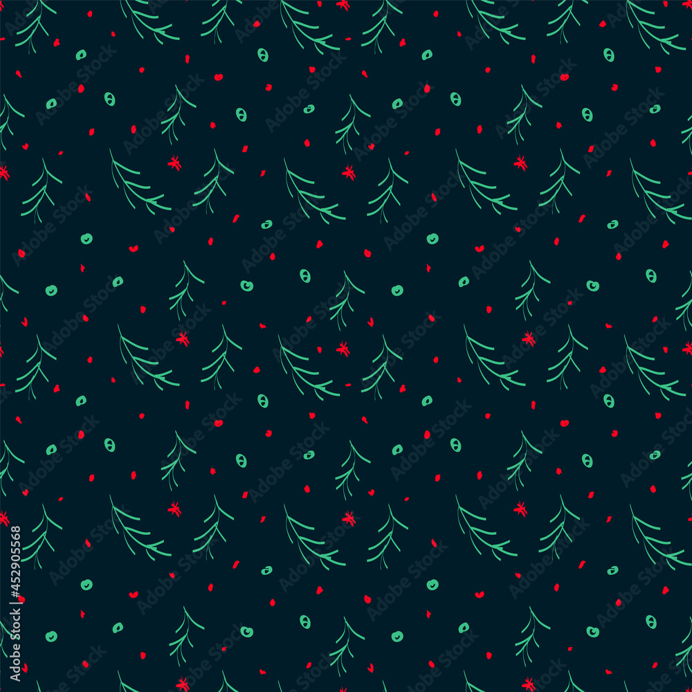 The New Year pattern with branches of Christmas trees. Merry Christmas and a Happy New Year. Cute background for textiles or wrapping paper. Vector illustration