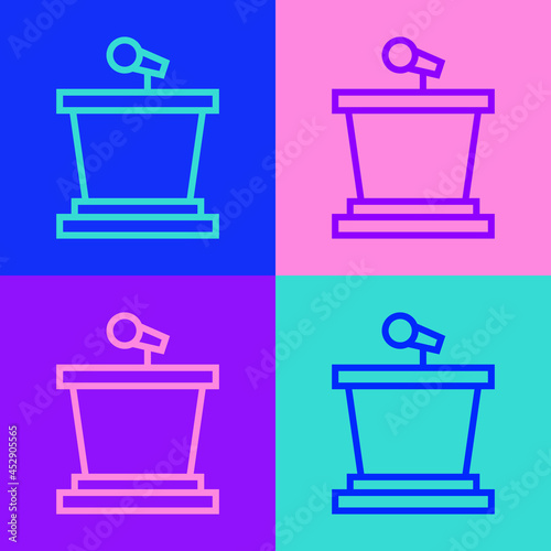 Pop art line Stage stand or debate podium rostrum icon isolated on color background. Conference speech tribune. Vector