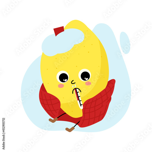 Sad cartoon character lemon caught cold. Funny citrus fruit with thermometer, cold compress and plaid. Cool kawaii mascot for packaging design of medicines, vitamins. For winter advertising campaign.
