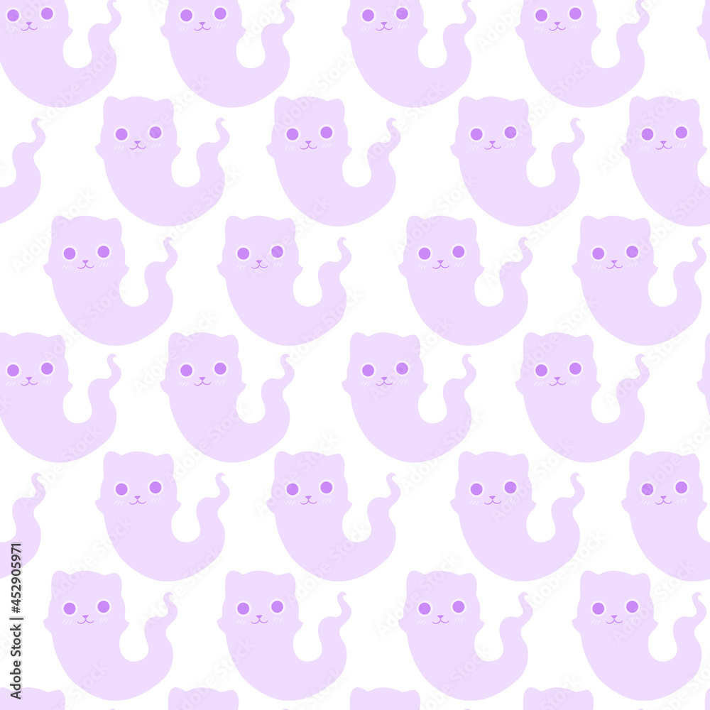 Seamless pattern with cute ghost cats. Vector drawing for the design of postcards, clothing, decor. Handmade illustration.