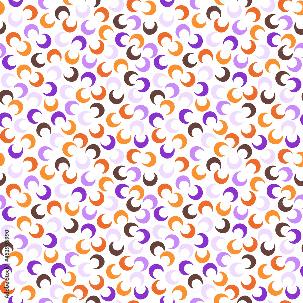 Seamless simple pattern with orange, purple and brown moons. Vector illustration for fabrics, prints, paper, decor.