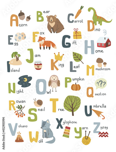 Cute and fun cartoon alphabet for childrens education, learning english in school.