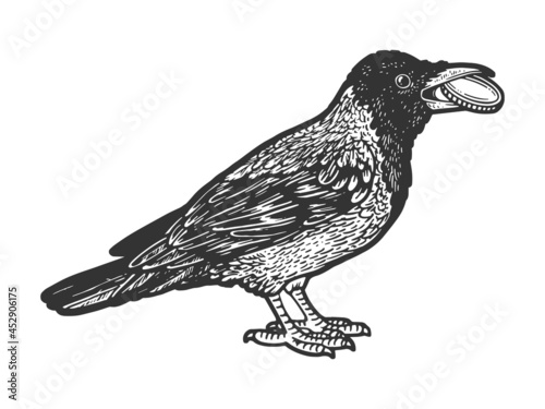 Crow with coin in its beak sketch engraving vector illustration. T-shirt apparel print design. Scratch board imitation. Black and white hand drawn image.