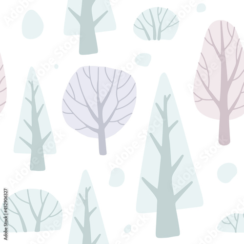 Snow forest pale trees pattern. Seamless texture for fabric, textile, wrapping, paper, stationery.