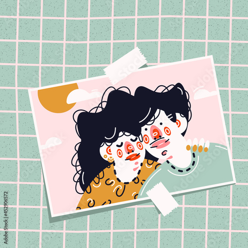 Cute trendy illustration with a snapshot on the wall. Couple in love. Photo from the trip. Vector postcard.