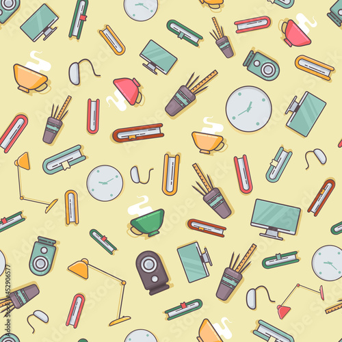 Seamless pattern with school supplies. Icons with thin lines