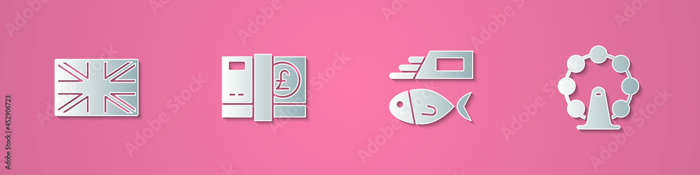 Set paper cut Flag of Great Britain, Pound sterling money, Fish and chips and London eye icon. Paper art style. Vector Set paper cut Flag of Great Britain, Pound sterling money, Fish and chips and London eye icon. Paper art style. Vector