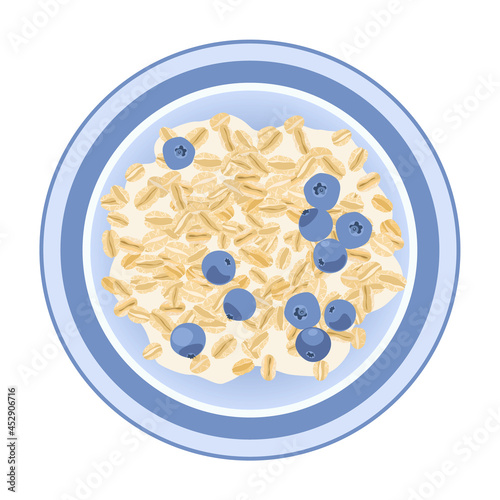 Oatmeal porridge with blueberries. Healthy food on a blue plate with a border. Vector image isolated on a white background.