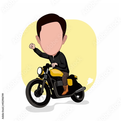 Cartoon carricature of a man is riding a motorcycle