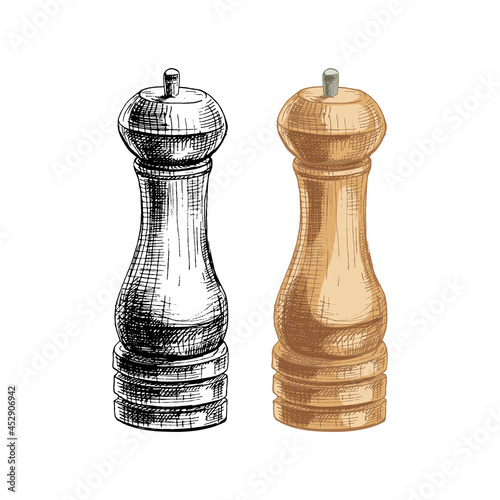 Wood pepper mill. Vector vintage hatching color illustration. Isolated on white