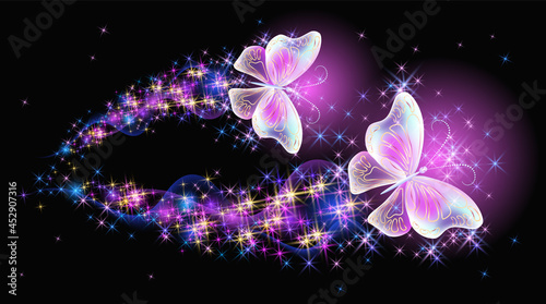Flying delightful butterflies with sparkle and blazing trail flying in night sky among shiny glowing stars in cosmic space. Animal protection day concept.