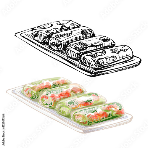 Spring roll on board. Vintage vector hatching color hand drawn illustration isolated