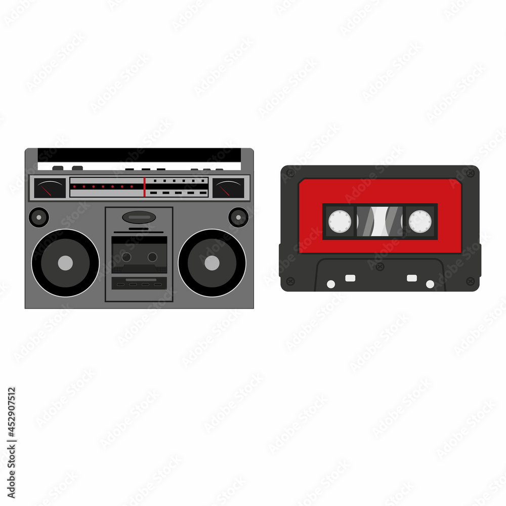 Fototapeta premium Tape recorder and cassette isolated on a white background in the cartoon style