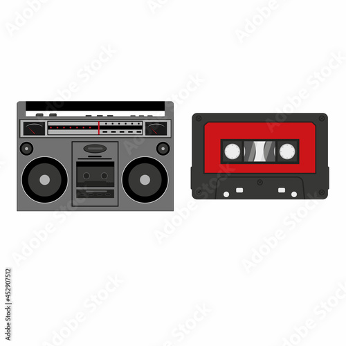 Tape recorder and cassette isolated on a white background in the cartoon style