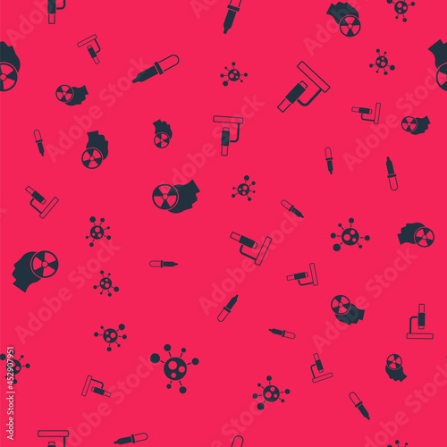 Set Molecule, Pipette, Head and radiation symbol and Microscope on seamless pattern. Vector