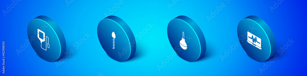 Set Isometric IV bag, Enema, Laptop with cardiogram and Sperm icon. Vector Set Isometric IV bag, Enema, Laptop with cardiogram and Sperm icon. Vector