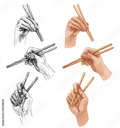 Female hand holding a chopsticks. Vintage vector hatching