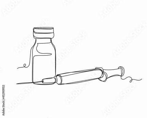 Continuous one line drawing of vaccine and syringe icon in silhouette on a white background. Linear stylized.