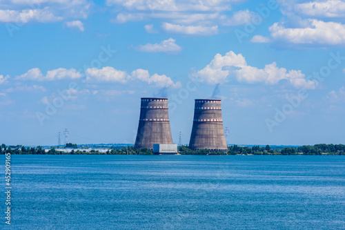 Schilderij op canvas Cooling towers of Zaporizhzhia Nuclear Power Station near the city Enerhodar, Uk