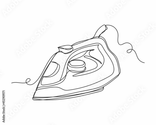 Continuous one line drawing of electric iron icon in silhouette on a white background. Linear stylized.