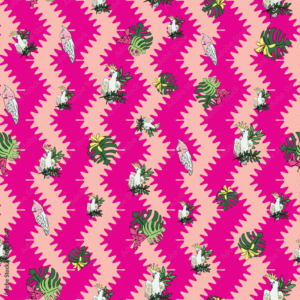 Vector hot pink, peach background tropical birds, parrots, exotic cheese plant, monstera, hibiscus flowers. Seamless pattern background