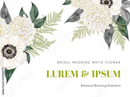 Illustation template for wedding invitation white carnetion, white anemones, peonies, field, lleaf botanical greeting card, thanks, rsvp, menu, decorated, backdrop photo