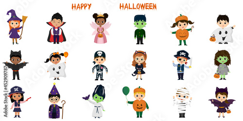 Mega set of Halloween party characters. Eighteen children in different Halloween costumes on a white background. Cartoon  flat  vector