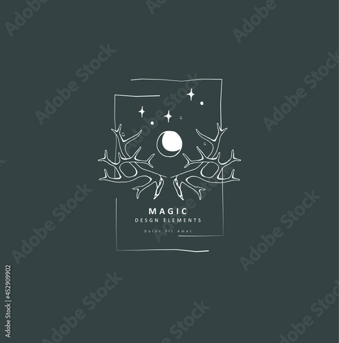 Boho hand drawn mystical magic logo. Esoteric doodle elements. Black outline style. Abstract vector illustration