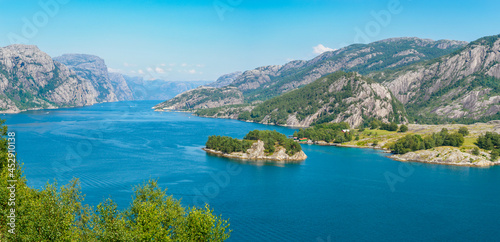 View of lysefjord tongue with a little island, Norway