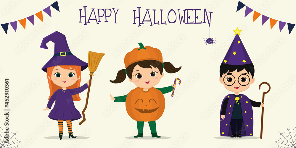 Halloween party kids characters set. Children in colorful Halloween costumes witch with broom, pumpkin, stargazer in cartoon style. Vector flat. Halloween party kids characters set. Children in colorful Halloween costumes witch with broom, pumpkin, stargazer in cartoon style. Vector flat.