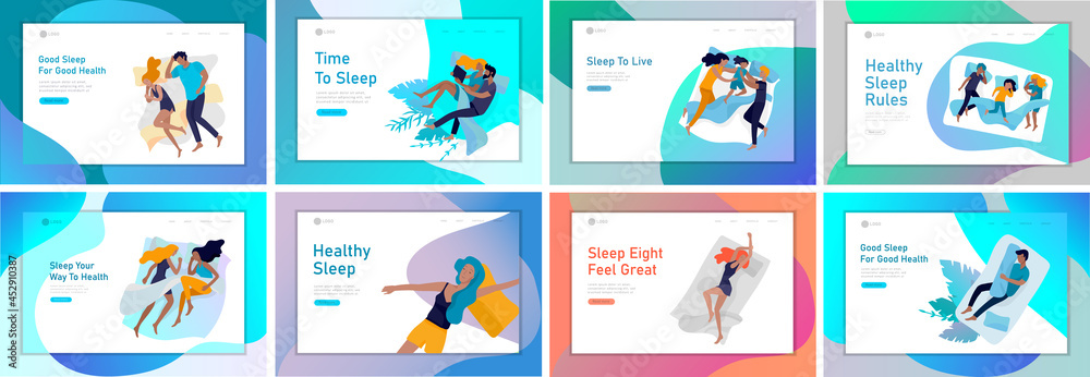 Collection of sleeping people character. Family with child are sleep in bed together and alone in various poses, different postures during night slumber. Top view. Colorful vector