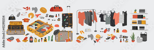 Set of wardrobe stuff. Closet wardrobe furniture inside. Various bag, shoes, cosmetics and trendy clother. Interior things in scandinavian design style. Hand drawn isolated elements. Cartoon