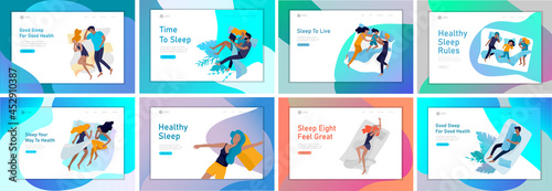 Collection of sleeping people character. Family with child are sleep in bed together and alone in various poses, different postures during night slumber. Top view. Colorful vector