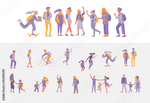 Back to school flat vector illustrations set. Preteen and teenage schoolkids. Parents with kids, schoolmates, friends cartoon characters isolated on white background. Schoolboys