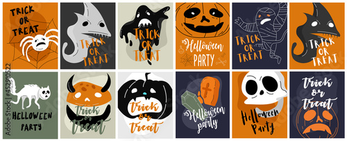 Vector icon and element collection for Helloween greeting card and poster, party sign. Concept illustration with Sign and symbol. Flat design cartoon