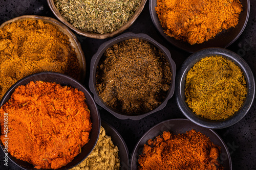 Colorful spices. Macro shot. Cooking background concept.