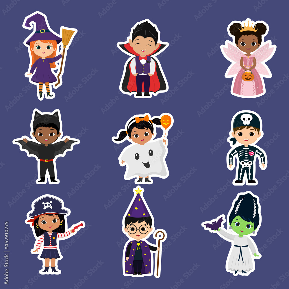 Obraz premium A set of stickers of twelve Halloween party kids characters. Children in colorful Halloween costumes cartoon style. Vector.