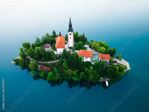 Drone View on Church on Island on Lake Bled in Slovenia at Summer