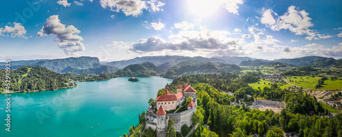 Aerial Drone Panorama of Bled Lake in Slovenia