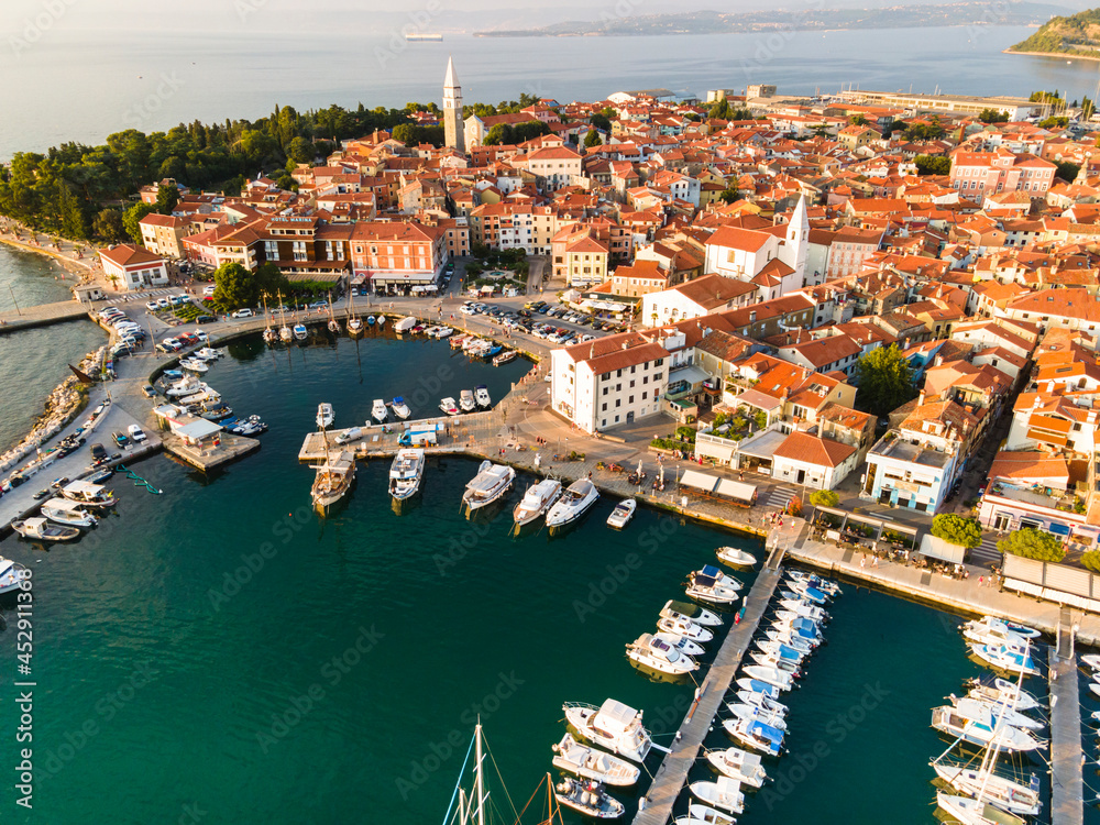 Izola Town and Boats at Marina Bay. Istria Adriatic Sea in Slovenia