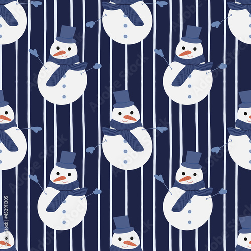 Snowman on blue and white striped background. Repeatable tile, Christmas holiday pattern design. Great for Christmas themed projects or products such as wrapping paper and product packaging,