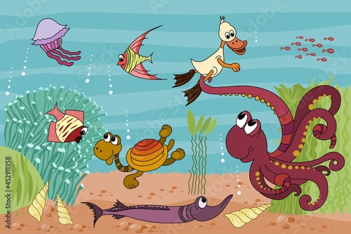 Cartoon funny characters underwater. Colorful turtle, fish, jellyfish, octopus, duck. Illustration of a beautiful underwater world. Cute underwater creatures. Nautical theme in flat style. Vector.