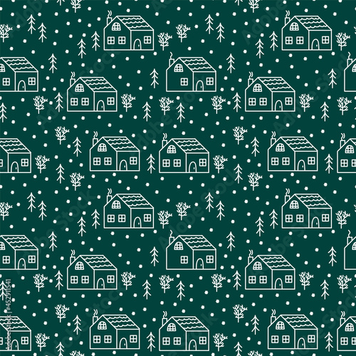 The pattern with the settlement of houses. Modern background with an illustration of winter among trees and snow. A pattern of cute tiny houses for wrapping paper on a winter night. Vector