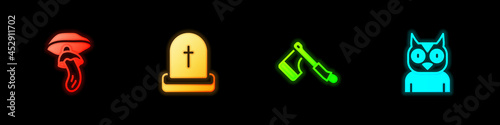 Set Psilocybin mushroom, Tombstone with RIP written, Wooden axe and Owl bird icon. Vector