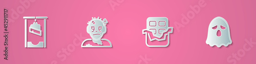 Set paper cut Guillotine, Zombie mask, Chocolate bar and Ghost icon. Paper art style. Vector