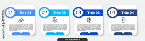 Set line Cross hospital medical, Medical prescription, Medicine pill or tablet and Heart with cross. Business infographic template. Vector