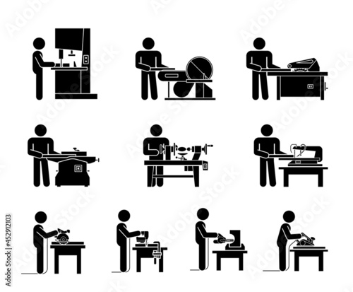Pictograms Icon collection of electric machine tools  for wood. Machines used in production in various types of industry.  