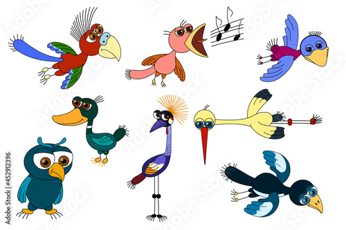 Set of funny birds isolated on white background. Cartoon characters - parrot, owl, wild duck, sparrow, stork, magpie, crowned crane, singing bird. Birds in a flat design with a black outline. Vector.